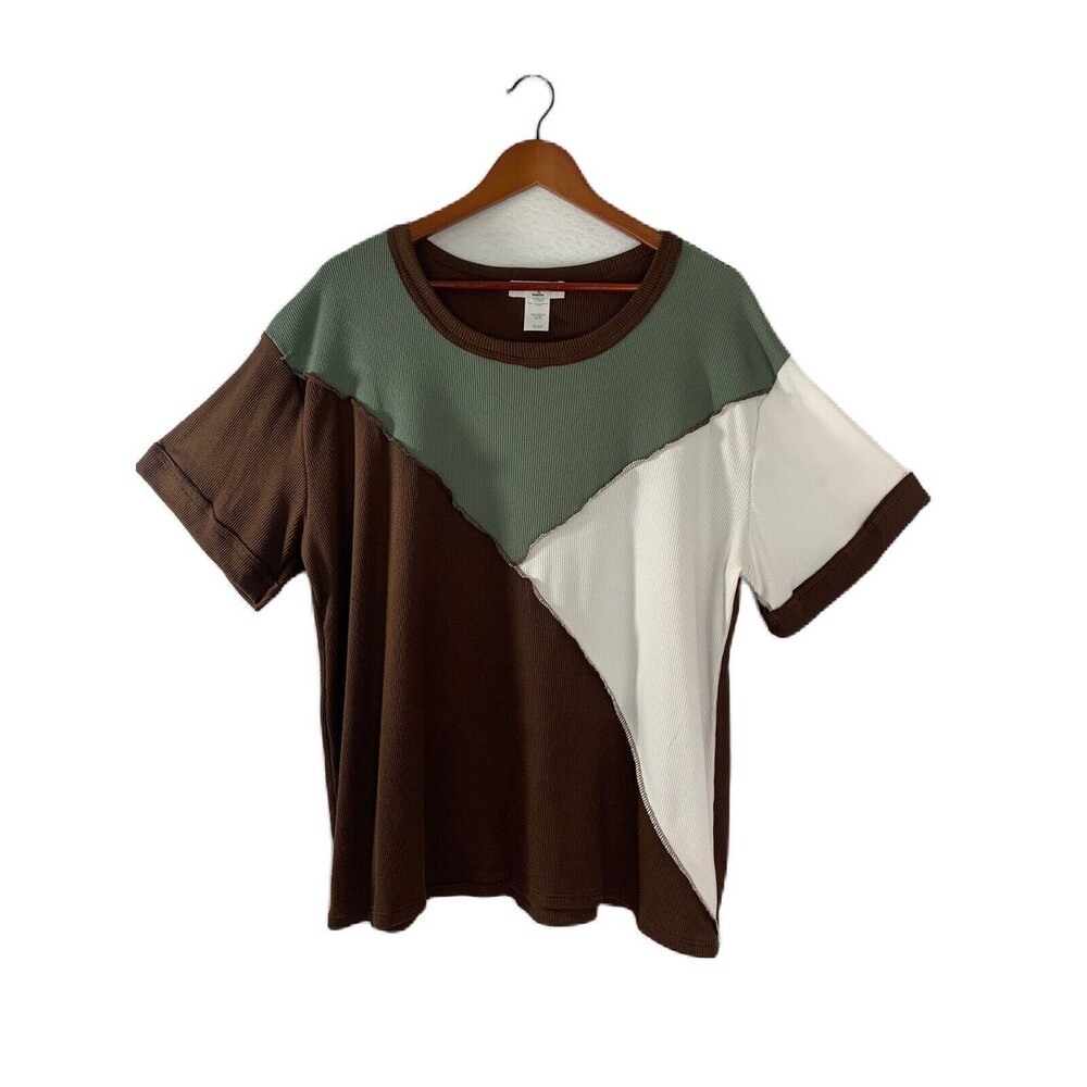 Moa Moa Top Women 1X Multicolor Block T Shirt Waffle Knit USA Cottage Casual NWT